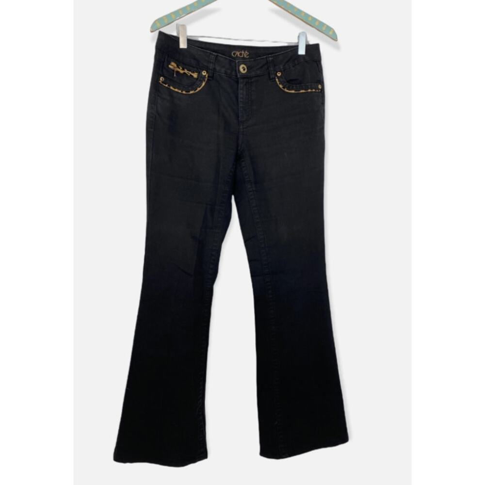 Cache Low Rise Flare Black Jeans Leopard Trim Pocket Detail Y2K Size 8 (33x32)